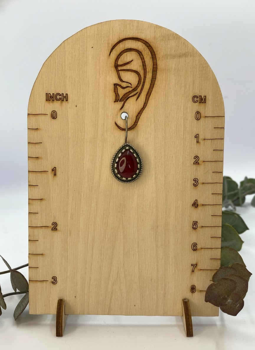 Minimal Silver Oxidized Drop Hook Earrings on display stand for size reference 