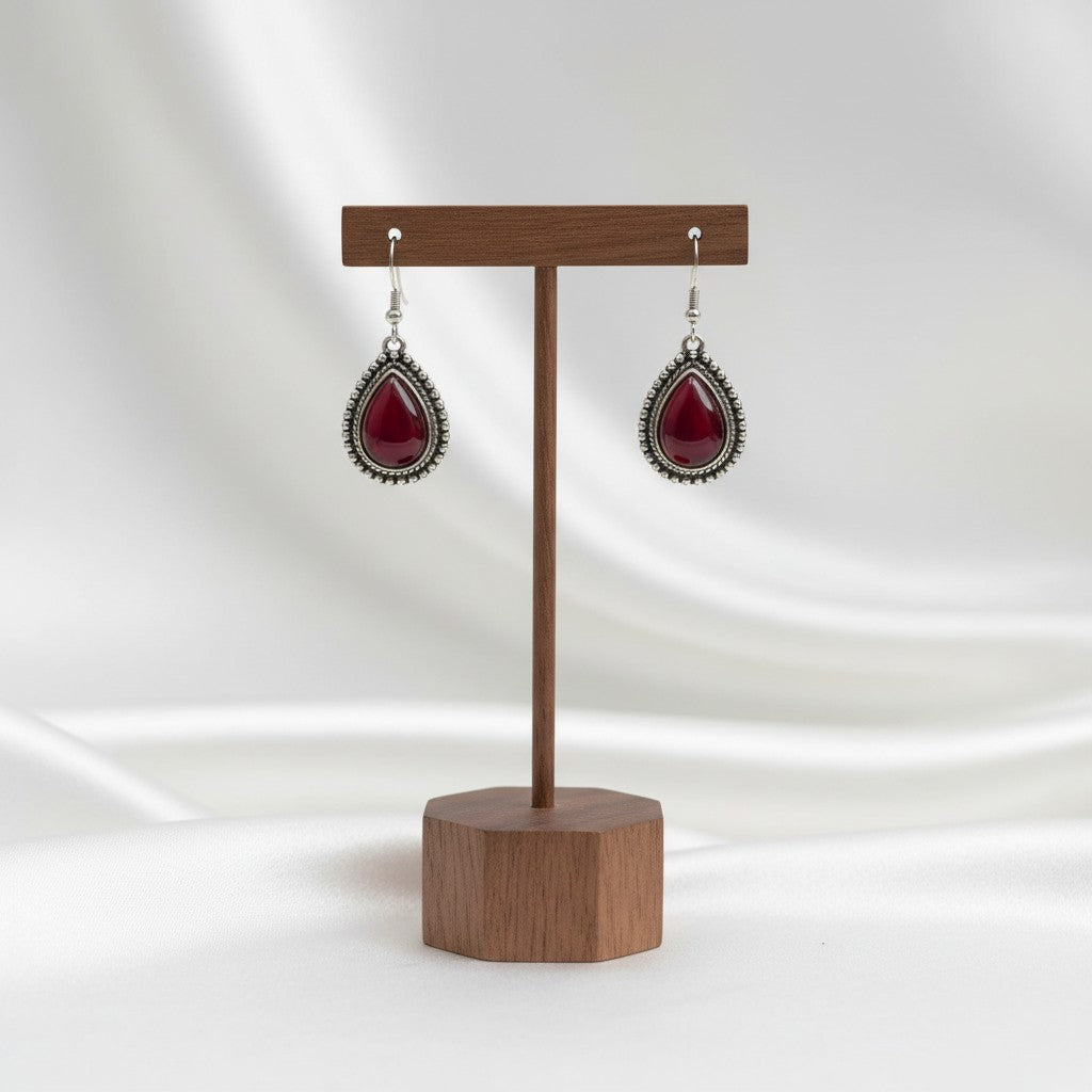 Silver Oxidized Monalisa Stone Hook Earrings for Women