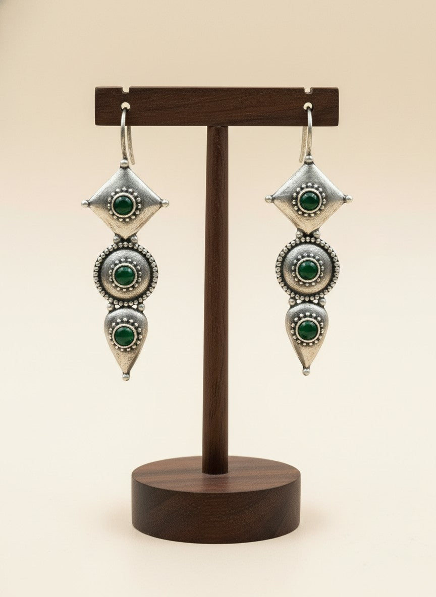 Antique Silver Oxidized Hook Earrings in Green Stones
