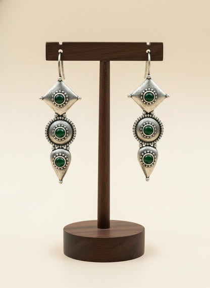 Antique Silver Oxidized Hook Earrings in Green Stones