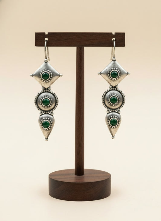 Antique Silver Oxidized Hook Earrings in Green Stones