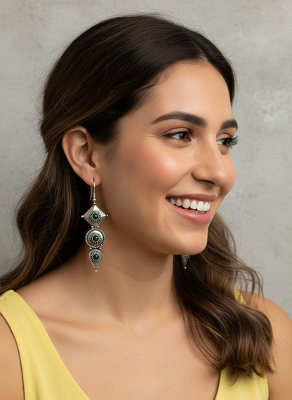 Antique Silver Oxidized Hook Earrings in Green Stones