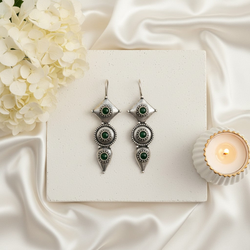 Antique Silver Oxidized Hook Earrings in Green stone