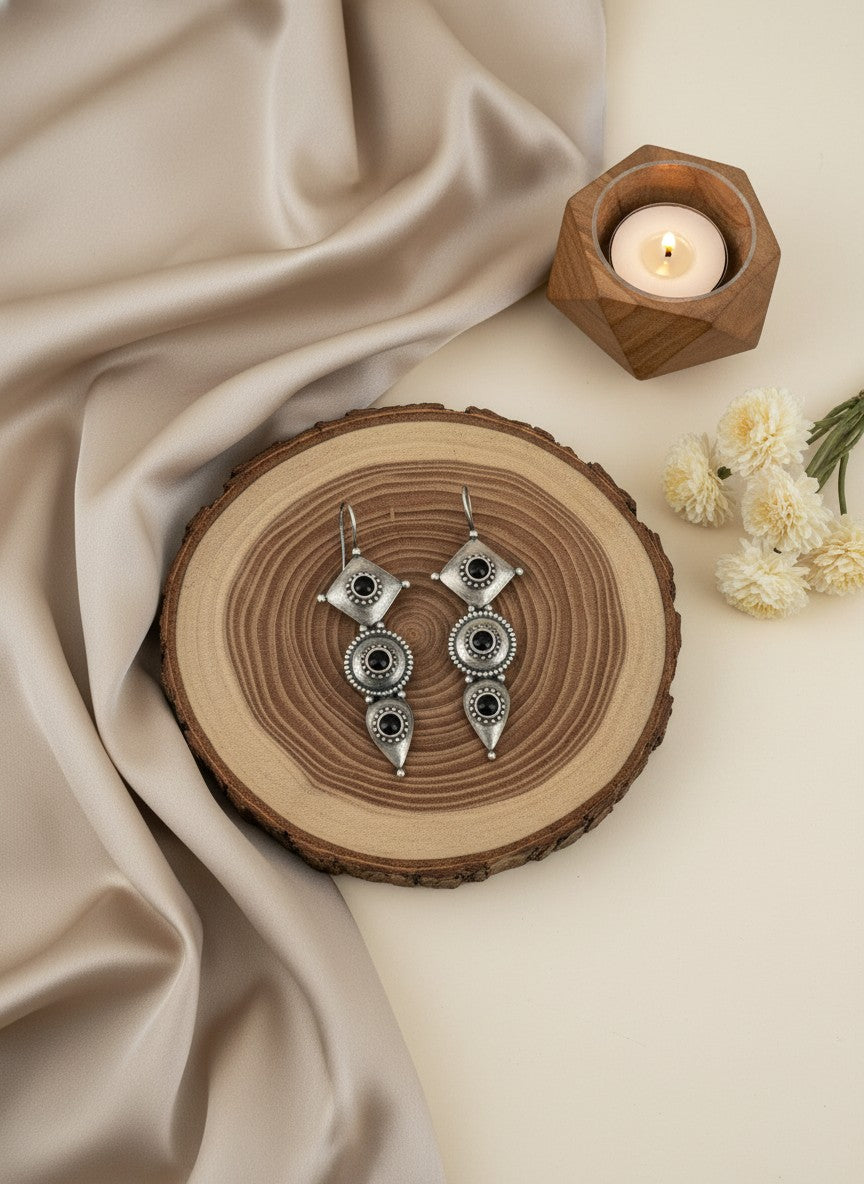 Antique Silver Oxidized Hook Earrings for Women