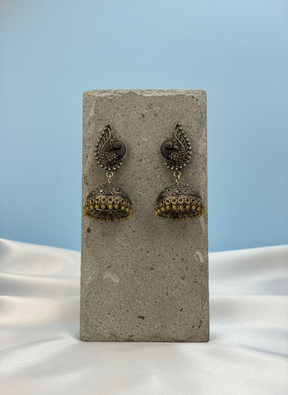 Silver Oxidized Traditional Peacock Motif Light Weight Jhumki Earrings