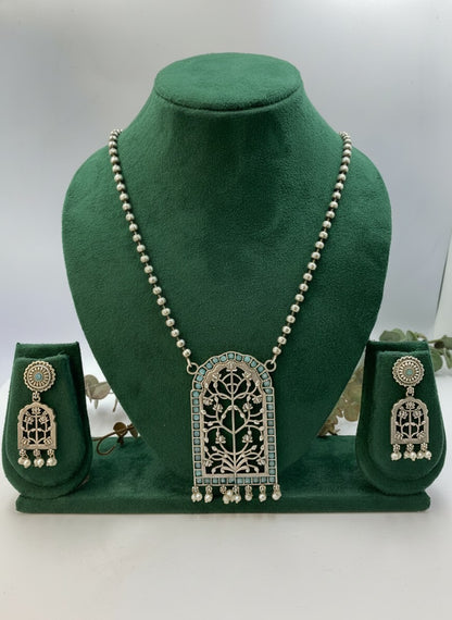 Handcrafted Silver Oxidized Jharokha Pendant Necklace Set with Turquoise Stones & Pearl Embellishments for Women - Ethnic Wear