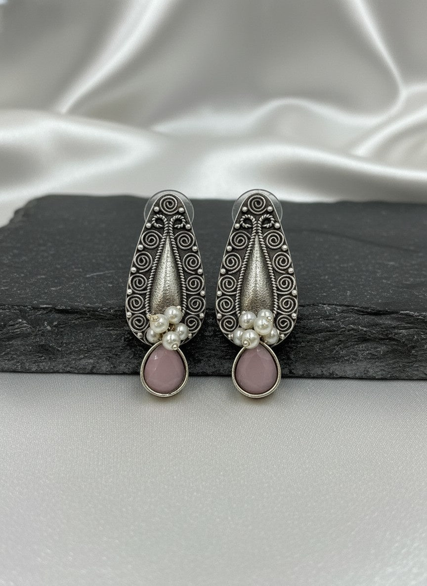 Traditional Silver Oxidized Floral Drop Earrings with Stone & Pearl work