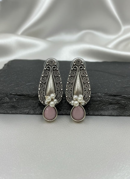 Traditional Silver Oxidized Floral Drop Earrings with Stone & Pearl work
