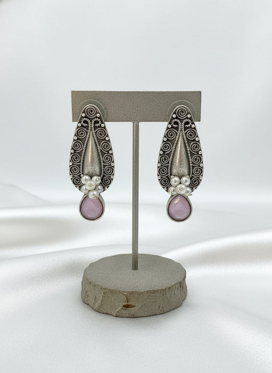 Traditional Silver Oxidized Floral Drop Earrings with Stone & Pearl work