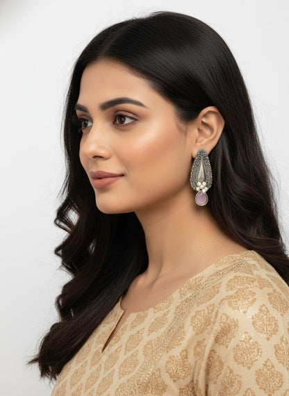 Traditional Silver Oxidized Floral Drop Earrings with Stone & Pearl work