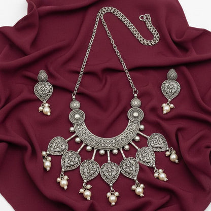 Floral Motifs and intricate design Silver Oxidized Necklace Set for Women