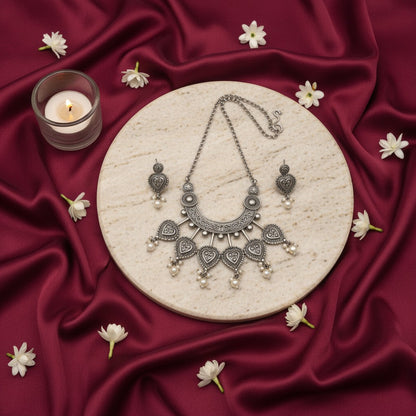 Floral Motifs and intricate design Silver Oxidized Necklace Set for Women