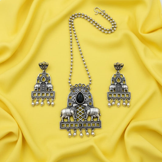 Silver Oxidized Elephant and Floral Motif design Necklace Set for Women