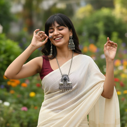 Silver Oxidized Elephant and Floral Motif design Necklace Set for Women