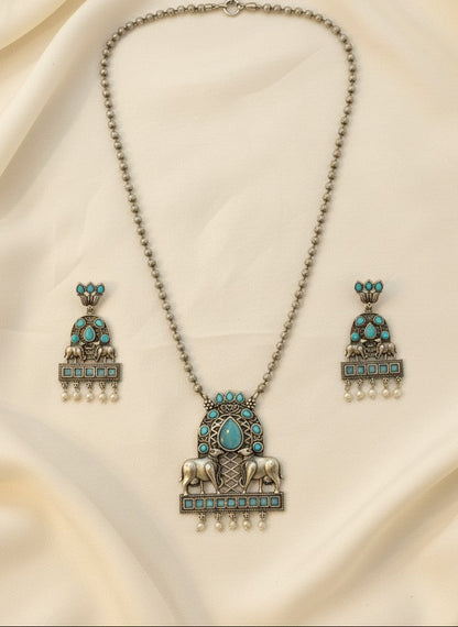Silver Oxidized Nandi and Floral Motif design Necklace Set on Aqua stones for Women