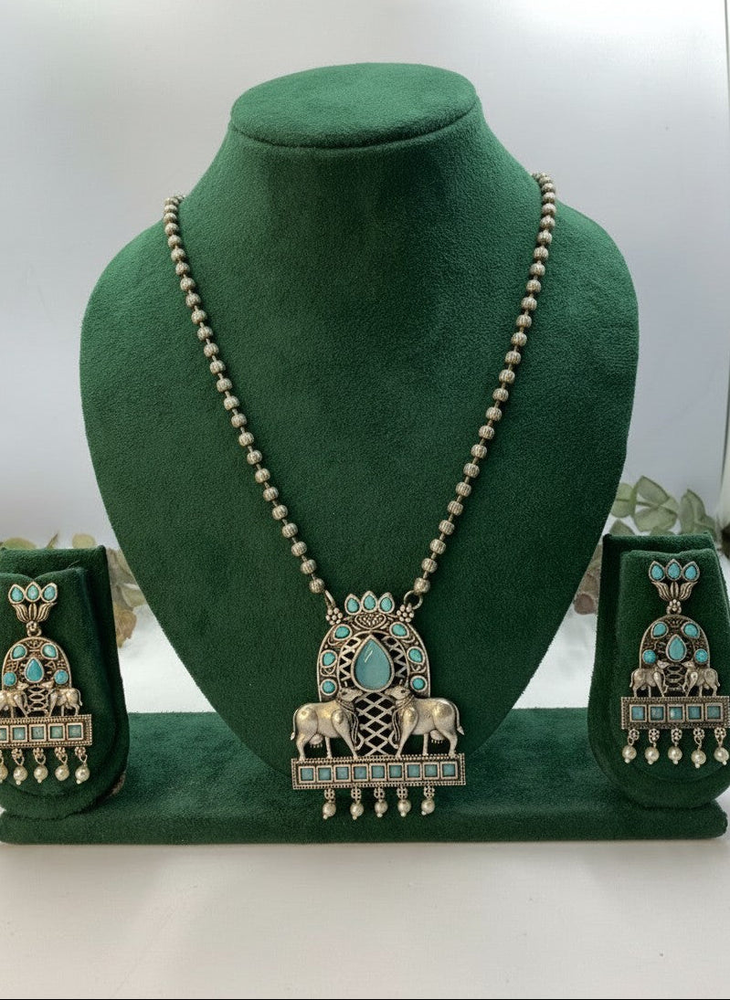 Silver Oxidized Nandi and Floral Motif design Necklace Set on Aqua stones for Women