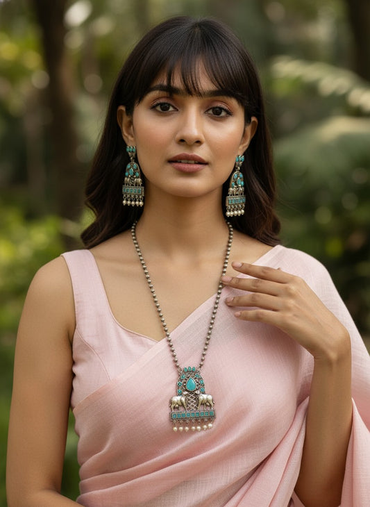 Silver Oxidized Nandi and Floral Motif design Necklace Set on Aqua stones for Women