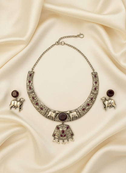 Premium Silver Oxidized Hasli Necklace Set with Nandi Motifs for Women