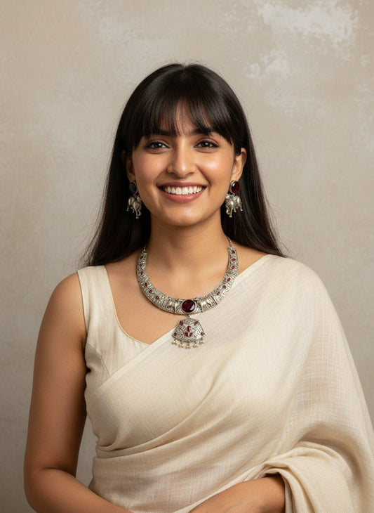 Premium Silver Oxidized Hasli Necklace Set with Nandi Motifs for Women