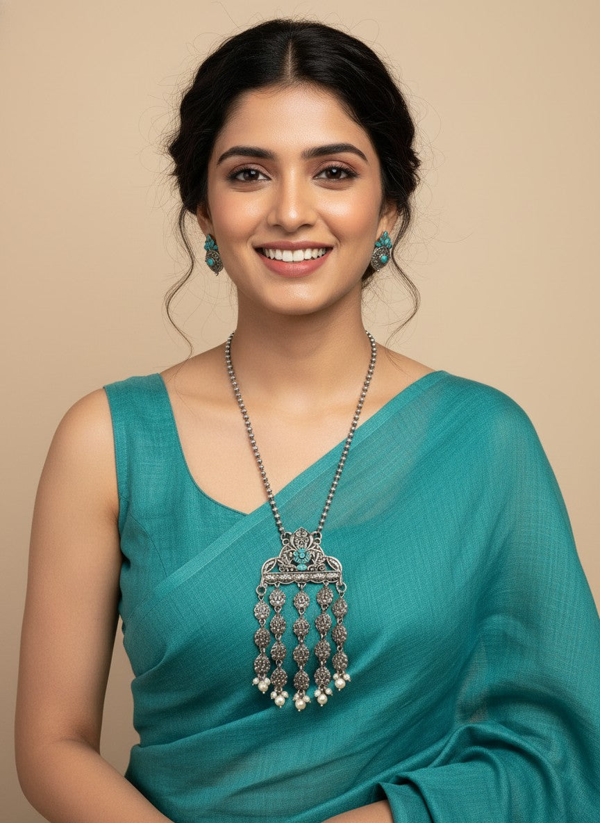 Silver Oxidized Elephant Motif Necklace Set for Women