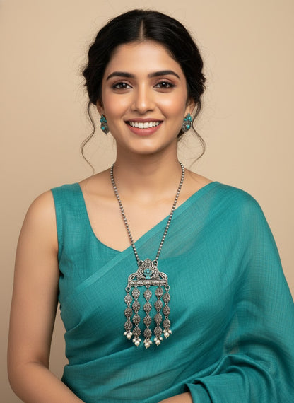 Silver Oxidized Elephant Motif Necklace Set for Women