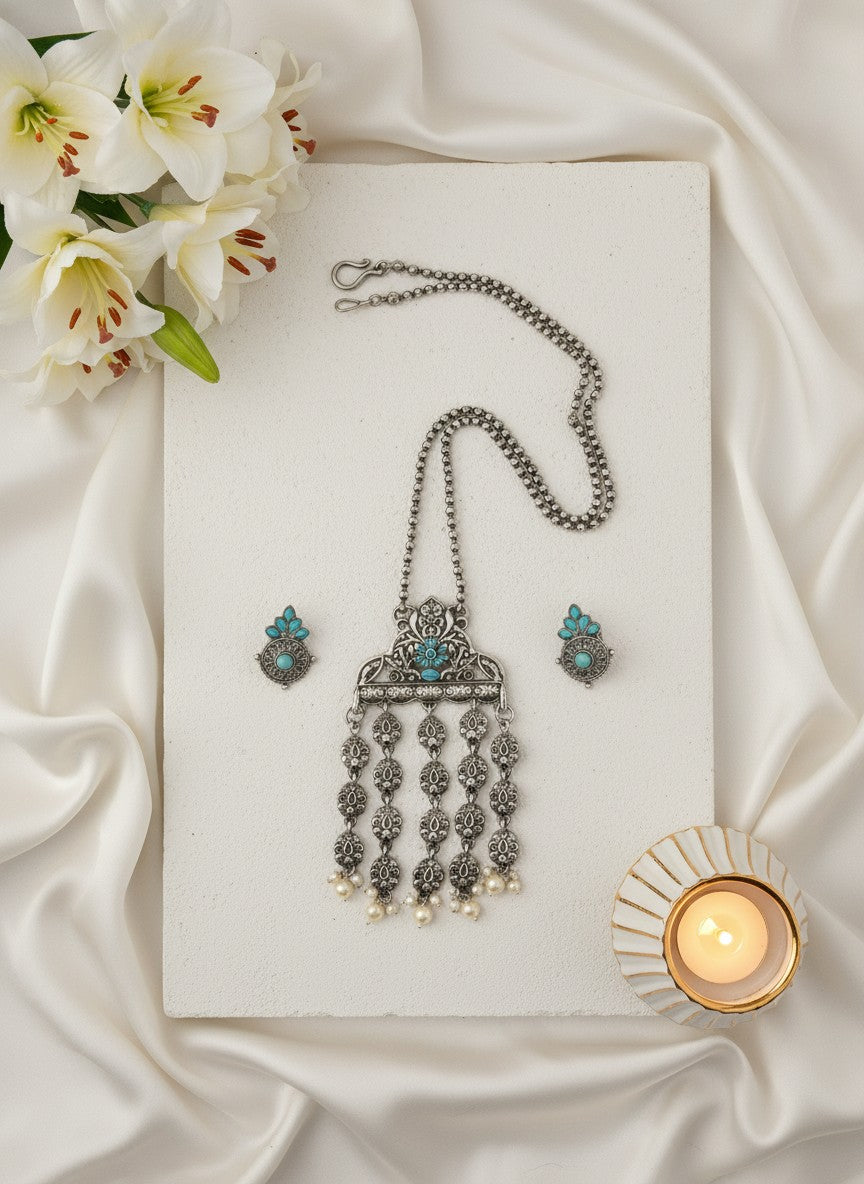 Silver Oxidized Elephant Motif Necklace Set for Women