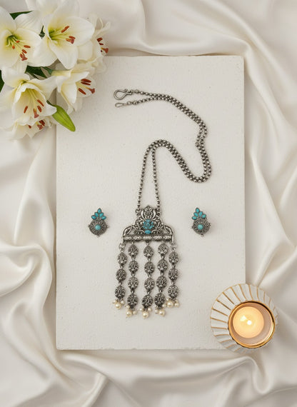 Silver Oxidized Elephant Motif Necklace Set for Women