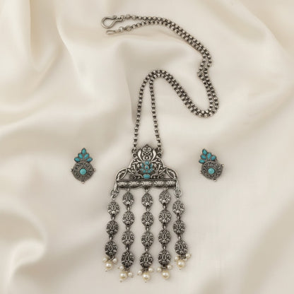 Silver Oxidized Elephant Motif Necklace Set for Women
