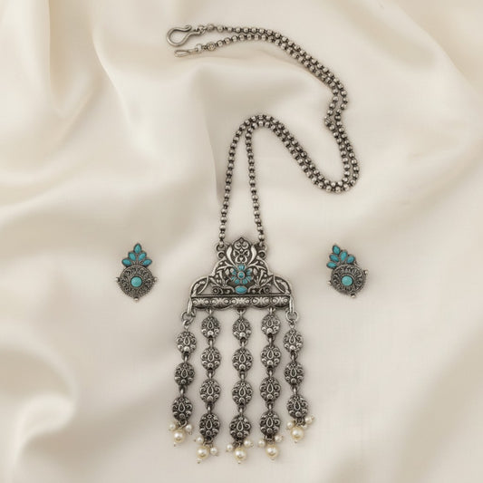 Silver Oxidized Elephant Motif Necklace Set for Women