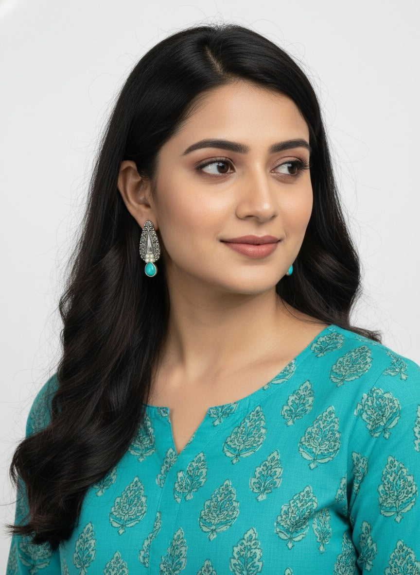 Traditional Silver Oxidized Floral Drop Earrings with Stone & Pearl work