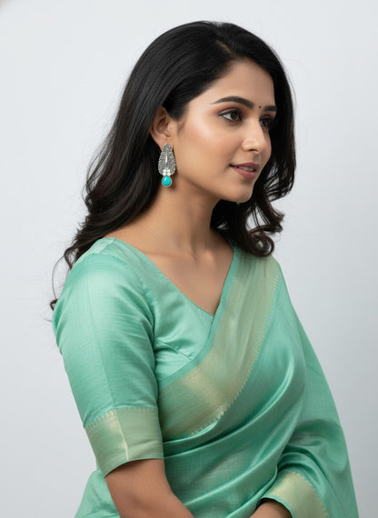 Traditional Silver Oxidized Floral Drop Earrings with Stone & Pearl work