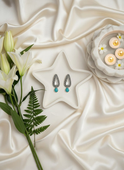 Traditional Silver Oxidized Floral Drop Earrings with Stone & Pearl work