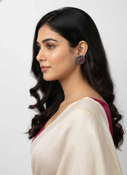 Silver Oxidized Flower Stud Earrings with Stonework