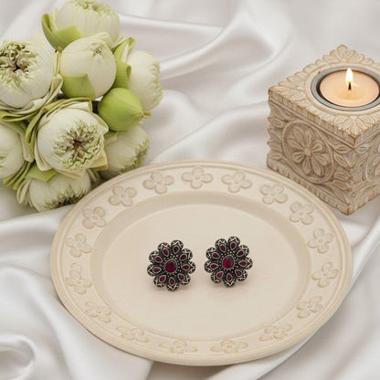 Silver Oxidized Flower Stud Earrings with Stonework