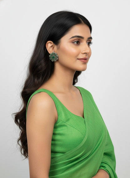 Silver Oxidized Flower Stud Earrings with Stonework