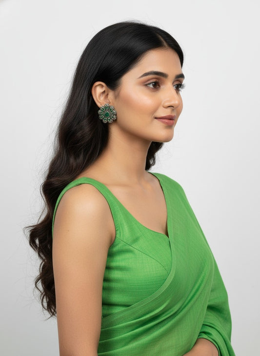 Silver Oxidized Flower Stud Earrings with Stonework