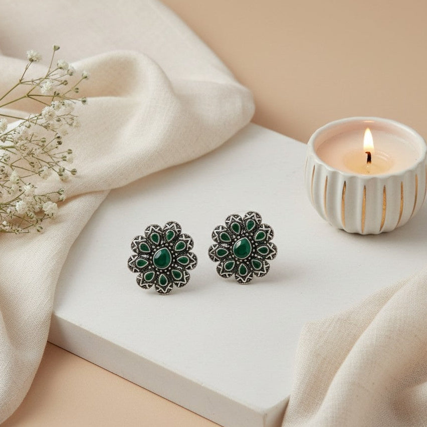 Silver Oxidized Flower Stud Earrings with Stonework