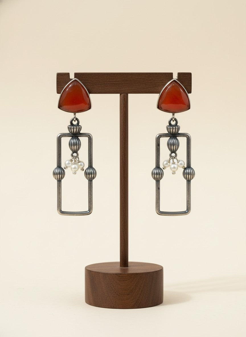 Statement Silver Oxidized Geometric Dangler Earrings with Monalisa Stones and Pearls for Women - All Occasion Wear