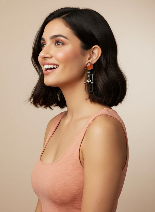 Statement Silver Oxidized Geometric Dangler Earrings with Monalisa Stones and Pearls for Women - All Occasion Wear