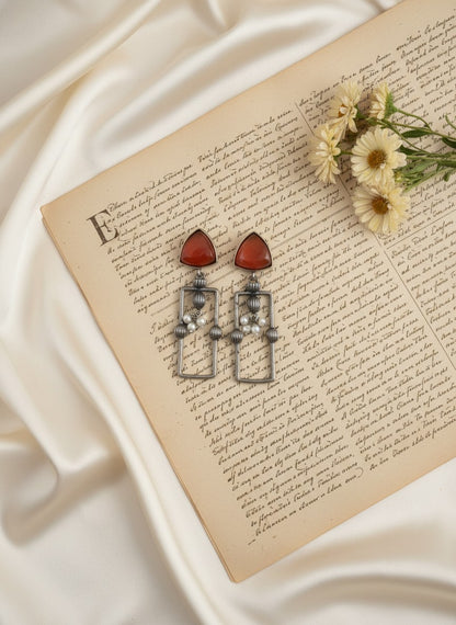 Statement Silver Oxidized Geometric Dangler Earrings with Monalisa Stones and Pearls for Women - All Occasion Wear