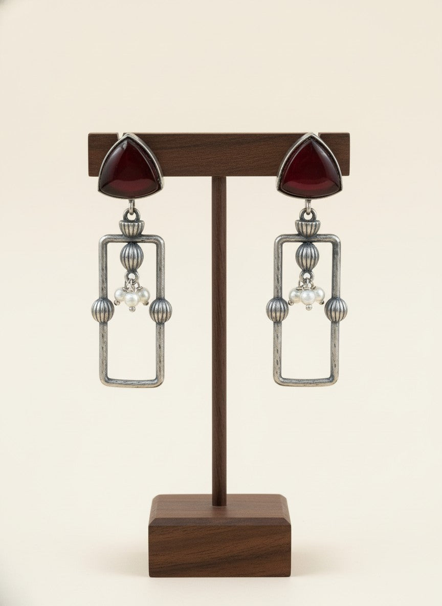 Statement Silver Oxidized Geometric Dangler Earrings with Monalisa Stones and Pearls for Women
