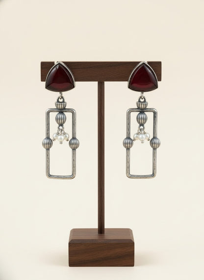 Statement Silver Oxidized Geometric Dangler Earrings with Monalisa Stones and Pearls for Women