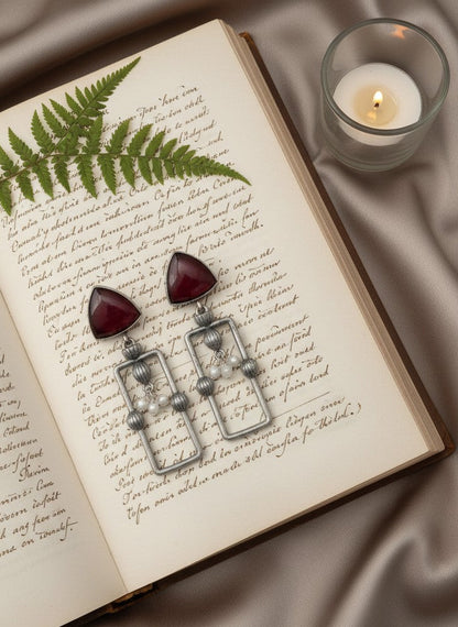 Statement Silver Oxidized Geometric Dangler Earrings with Monalisa Stones and Pearls for Women