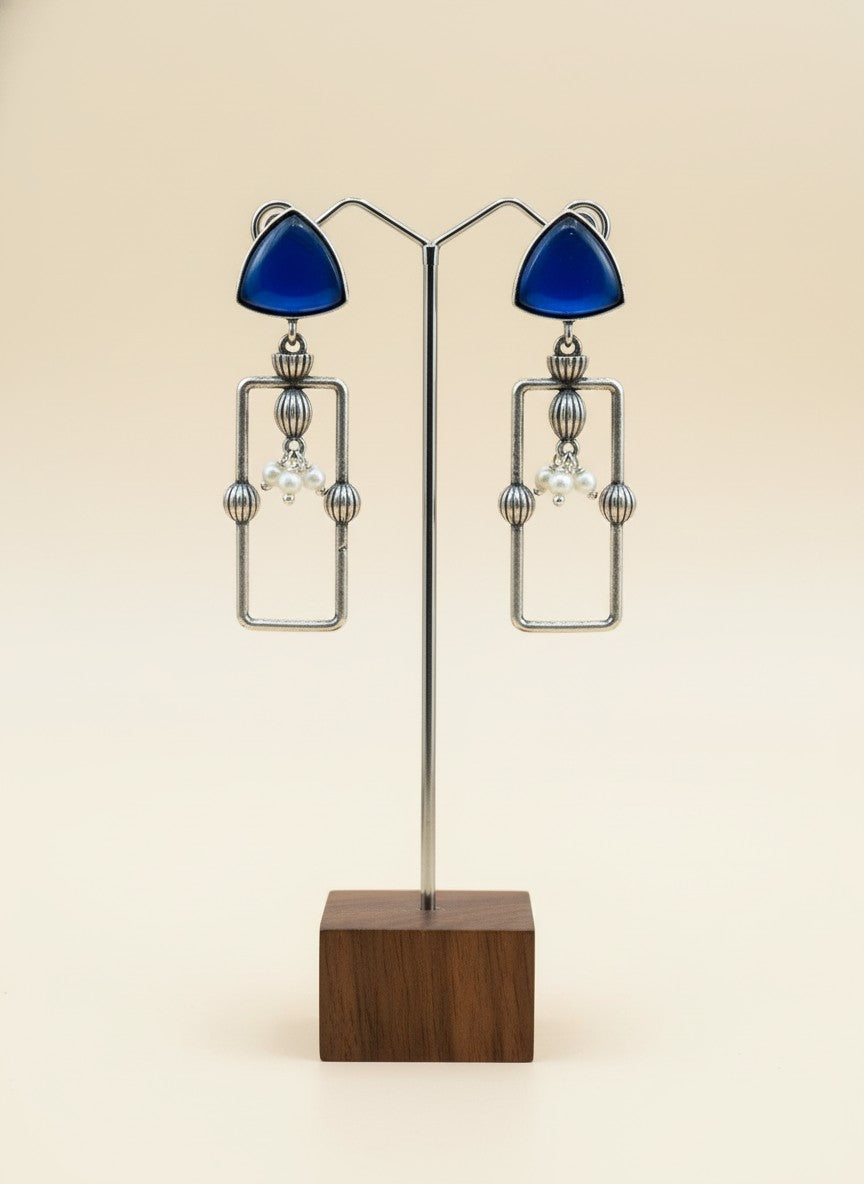 Statement Silver Oxidized Geometric Dangler Earrings with Monalisa Stones and Pearls for Women - All Occasion Wear