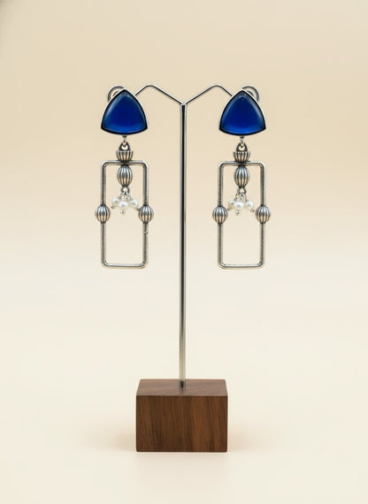 Statement Silver Oxidized Geometric Dangler Earrings with Monalisa Stones and Pearls for Women - All Occasion Wear