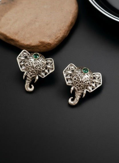 Silver Oxidized Filigree Elephant Stud Earrings with Green Stone Accent for Women - Everyday Wear
