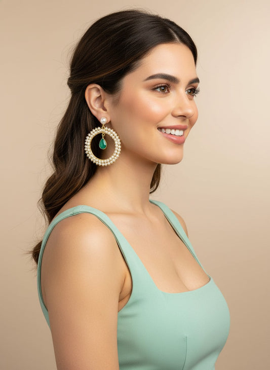 Antique Gold plated Pearls Circular Earrings with Monalisa Stone Drop for Women