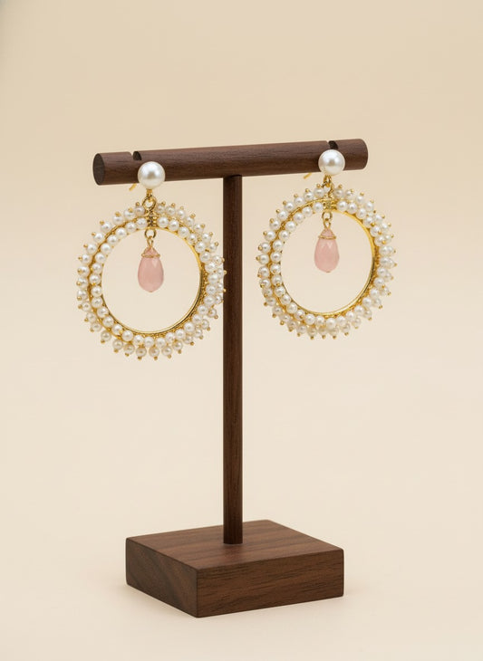 Antique Gold plated Pearls Circular Earrings with Monalisa Stone Drop for Women