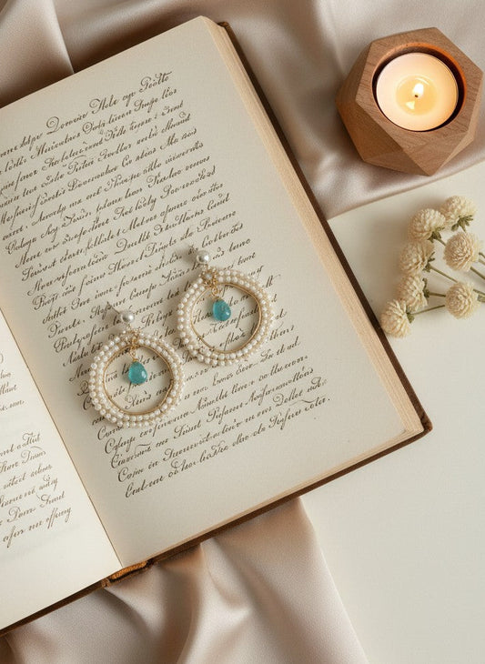 Antique Gold plated Pearls Circular Earrings with Monalisa Stone Drop for Women