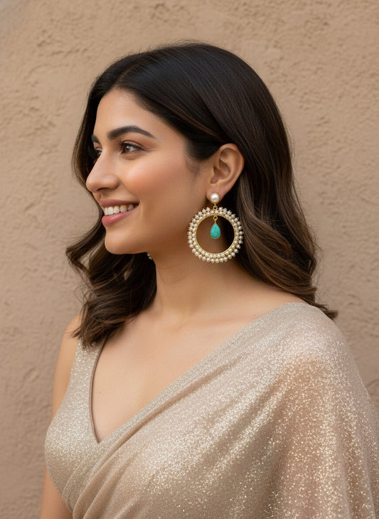 Antique Gold plated Pearls Circular Earrings with Monalisa Stone Drop for Women